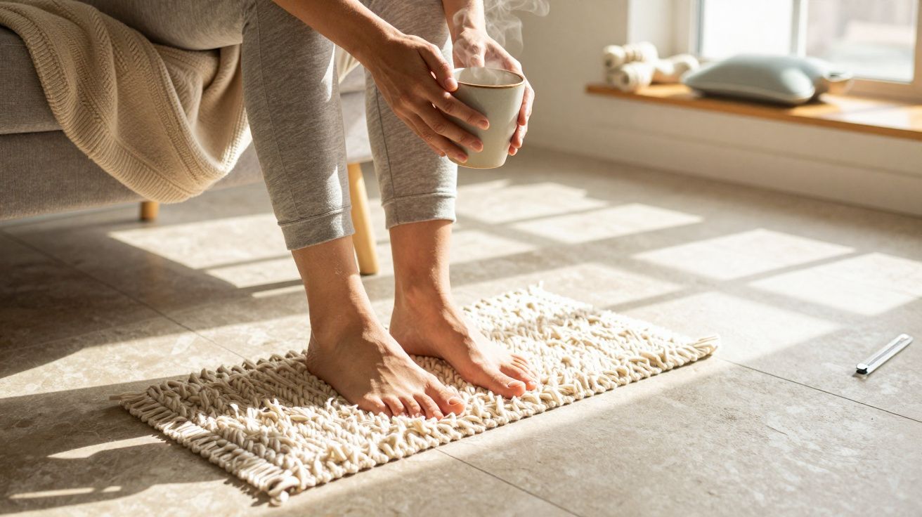 Pessoa sentada no chão com chávena de café, pés descalços sobre tapete bege, luz natural da janela ao fundo.
