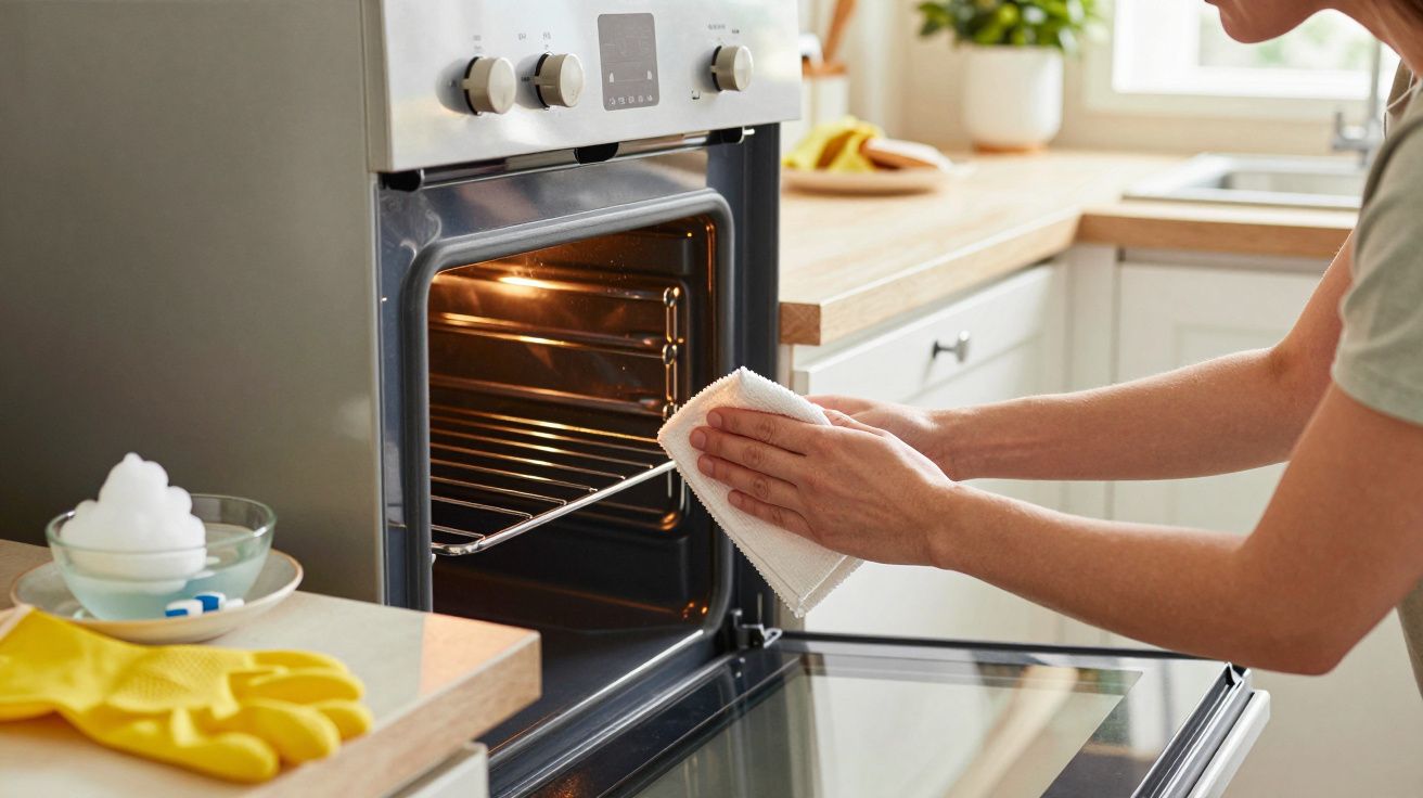 Pessoa a limpar o interior de um forno com um pano na cozinha. A porta do forno está aberta; luvas e esponja em destaque.