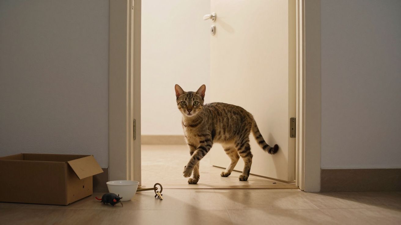 Gato malhado entra pela porta aberta, com brinquedos e tigela no chão.