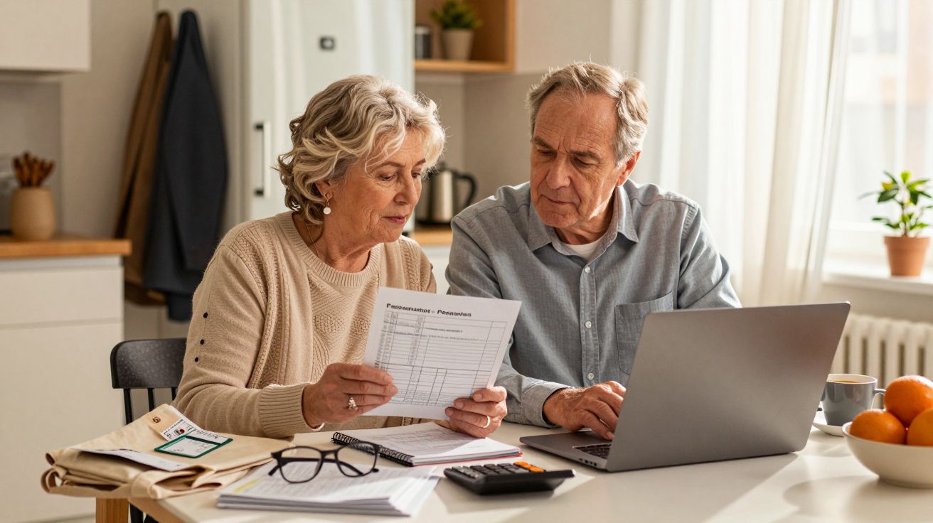 Casal idoso analisa documentos financeiros à mesa, com portátil, cadernos e óculos perto.