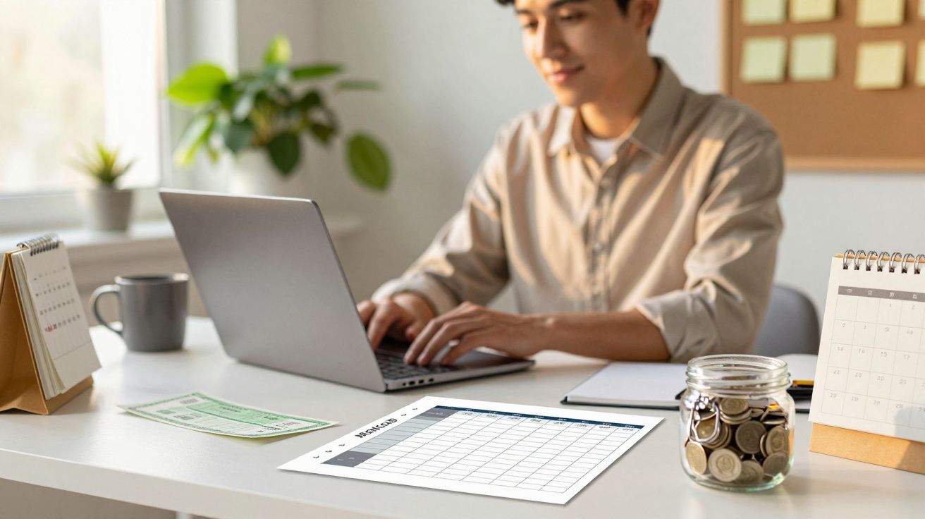 Pessoa a trabalhar num computador portátil numa mesa com calendários, um caderno, e frasco de moedas.