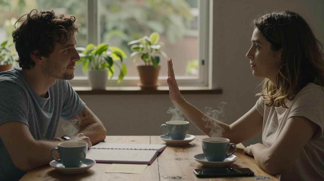 Casal conversa à mesa com chávenas de café e caderno. Mulher levanta a mão enquanto fala com o homem.