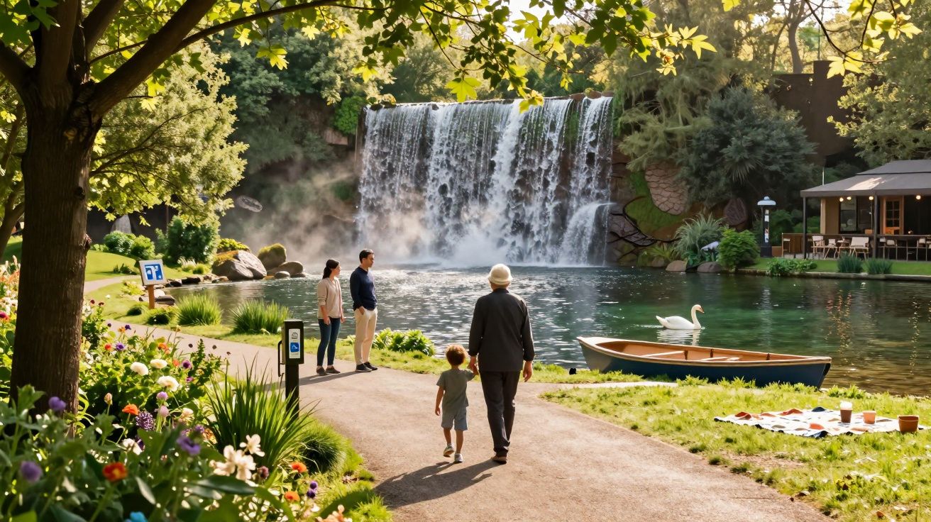 Parque com cascata, pessoas, lago com cisne e barco. Mesa de piquenique com toalha xadrez. Flores e árvores em volta.