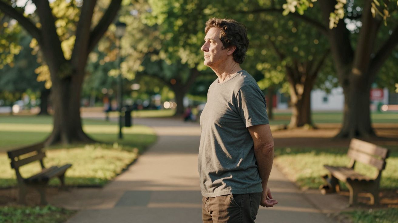 Homem de pé num parque ensolarado, de perfil, com bancos e árvores ao fundo.