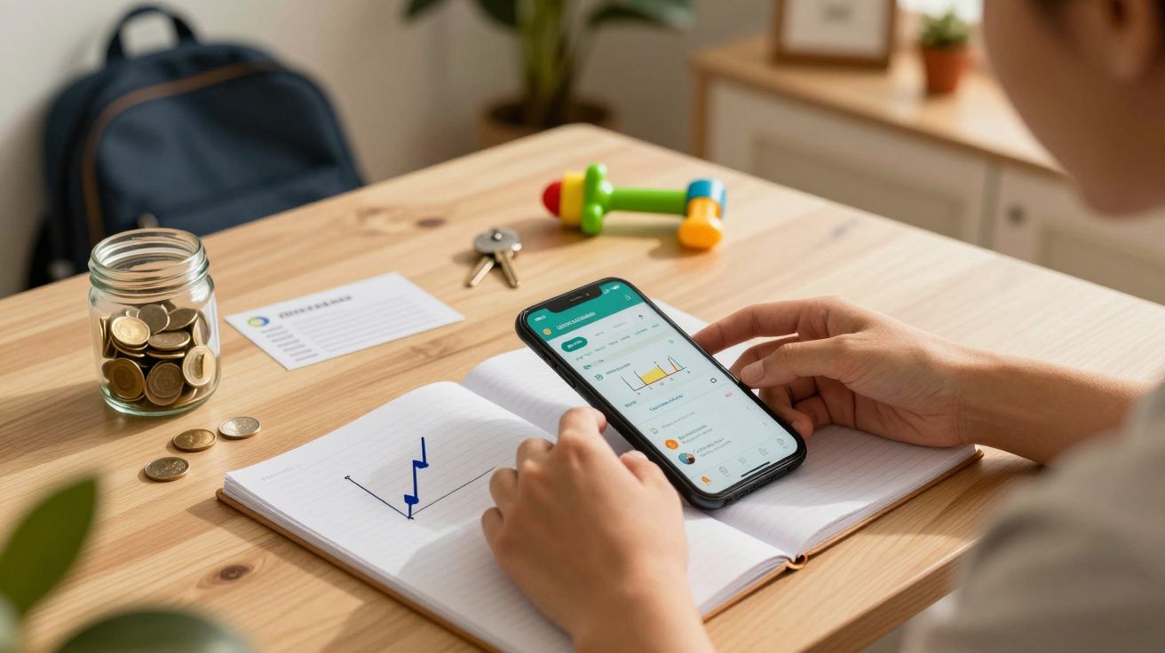 Pessoa consulta gráficos no telemóvel com jarro de moedas e caderno na mesa.