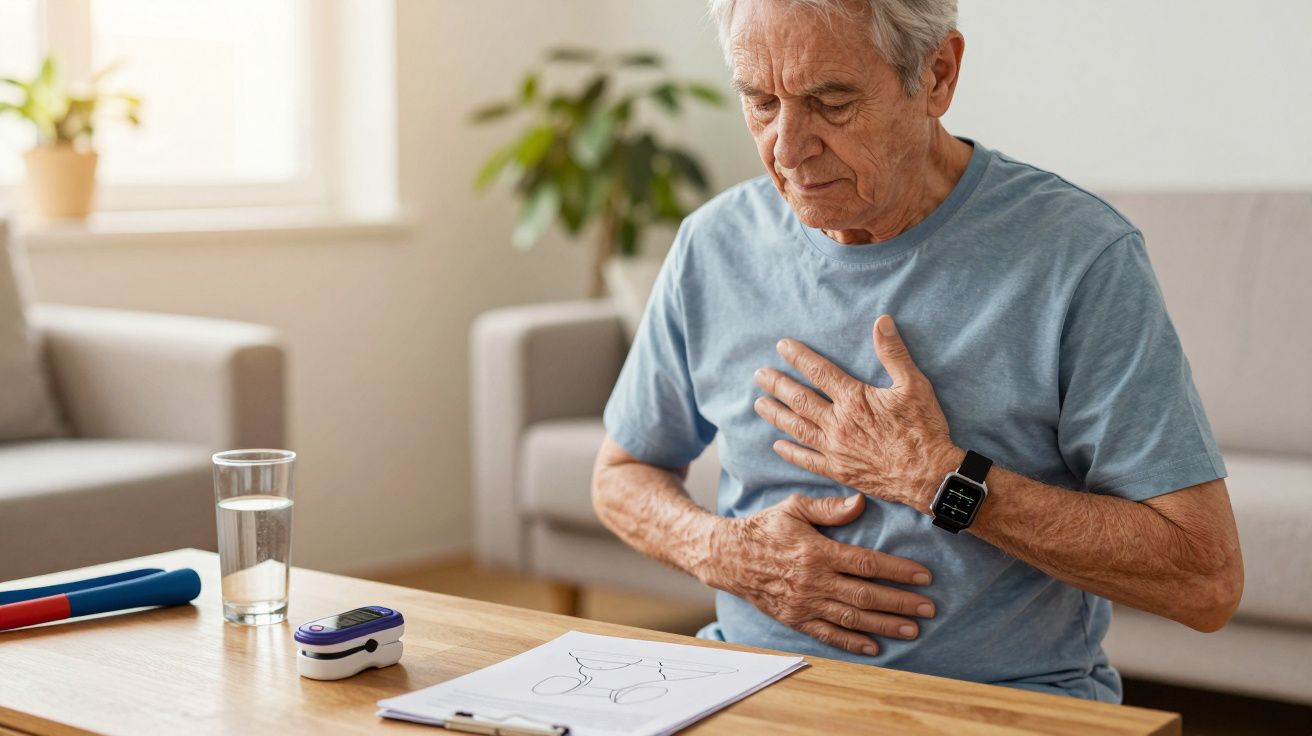 Homem idoso sentado, segurando o peito, com expressão preocupada; mesa com copo de água e oxímetro.