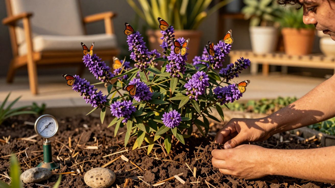 Pessoa a cuidar de planta com flores roxas e borboletas, no jardim. Medidor de humidade e pedras visíveis na terra.