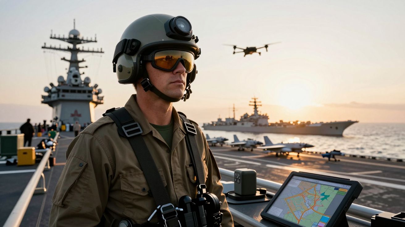 Soldado com capacete e óculos, em porta-aviões, com navios e drone ao fundo, ao pôr do sol.