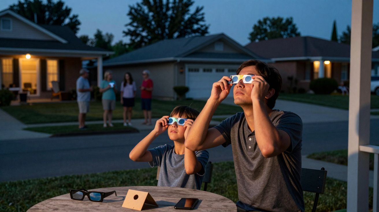 Pai e filho, na rua, observam o céu com óculos especiais, enquanto grupo ao fundo faz o mesmo à noite.