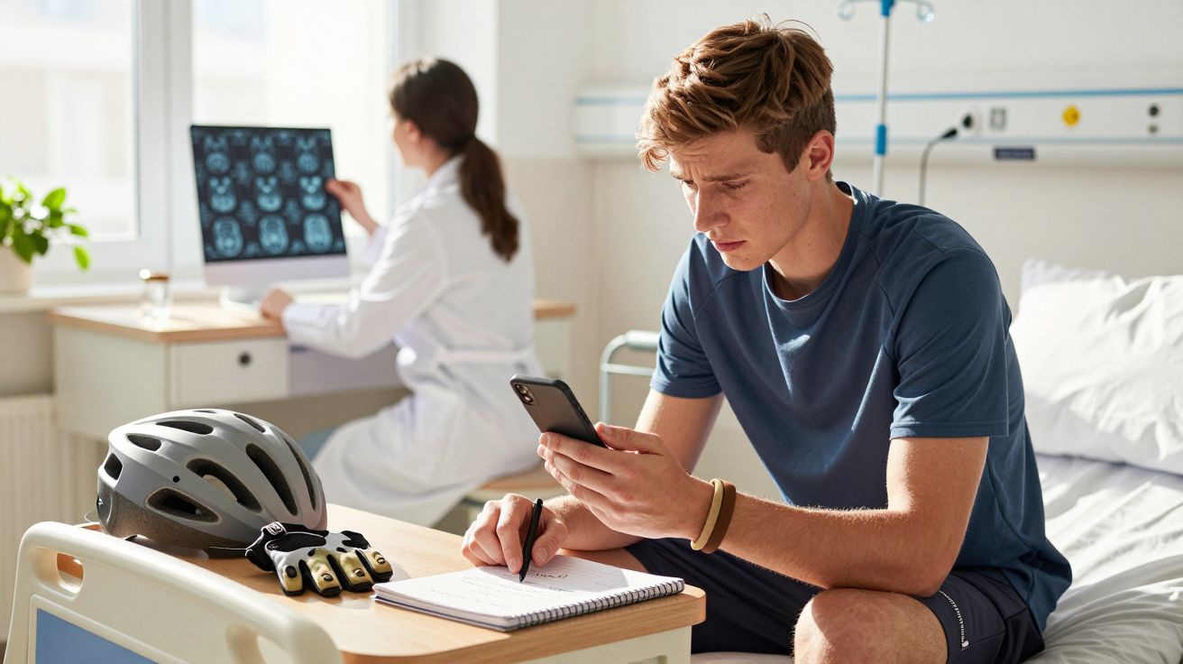Jovem sentado em cama de hospital, usando telemóvel e escrevendo num caderno; médico ao fundo a analisar exames.