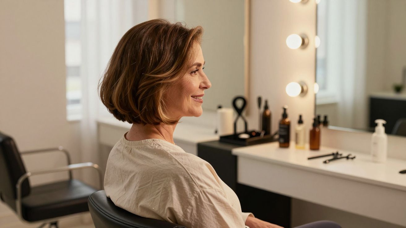 Mulher de cabelo curto e castanho sentada num salão, sorrindo, espelho e produtos de cabeleireiro ao fundo.