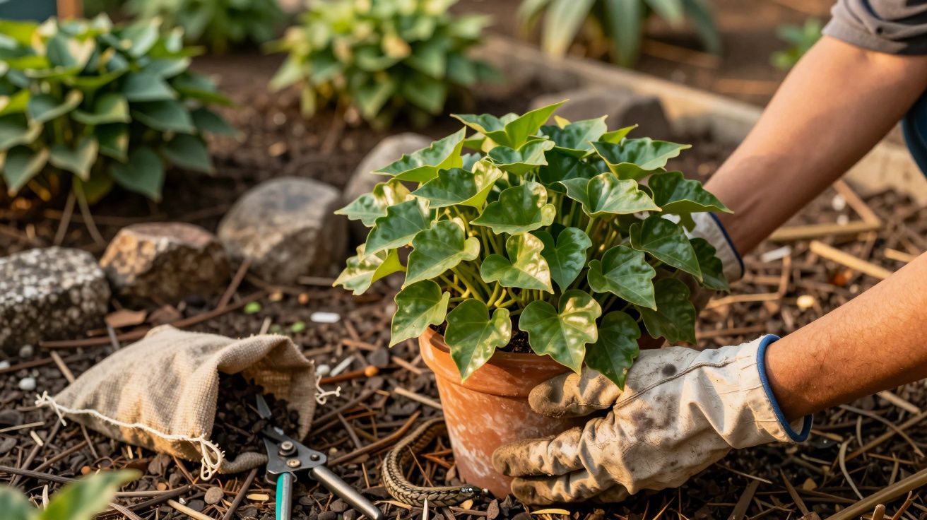 Pessoa com luvas a plantar vaso de planta verde num jardim, com ferramentas de jardinagem ao lado.