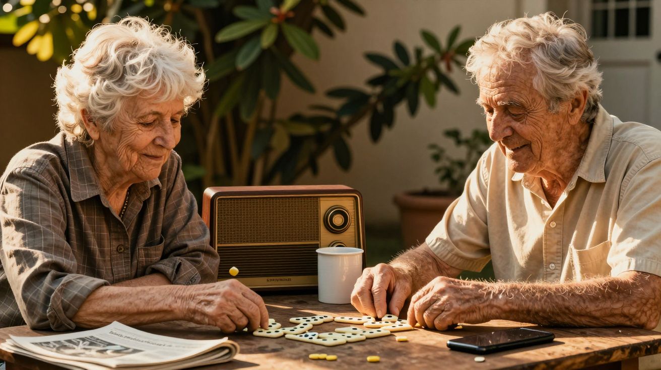 Casal de idosos jogando dominó numa mesa ao ar livre, com rádio vintage ao fundo.