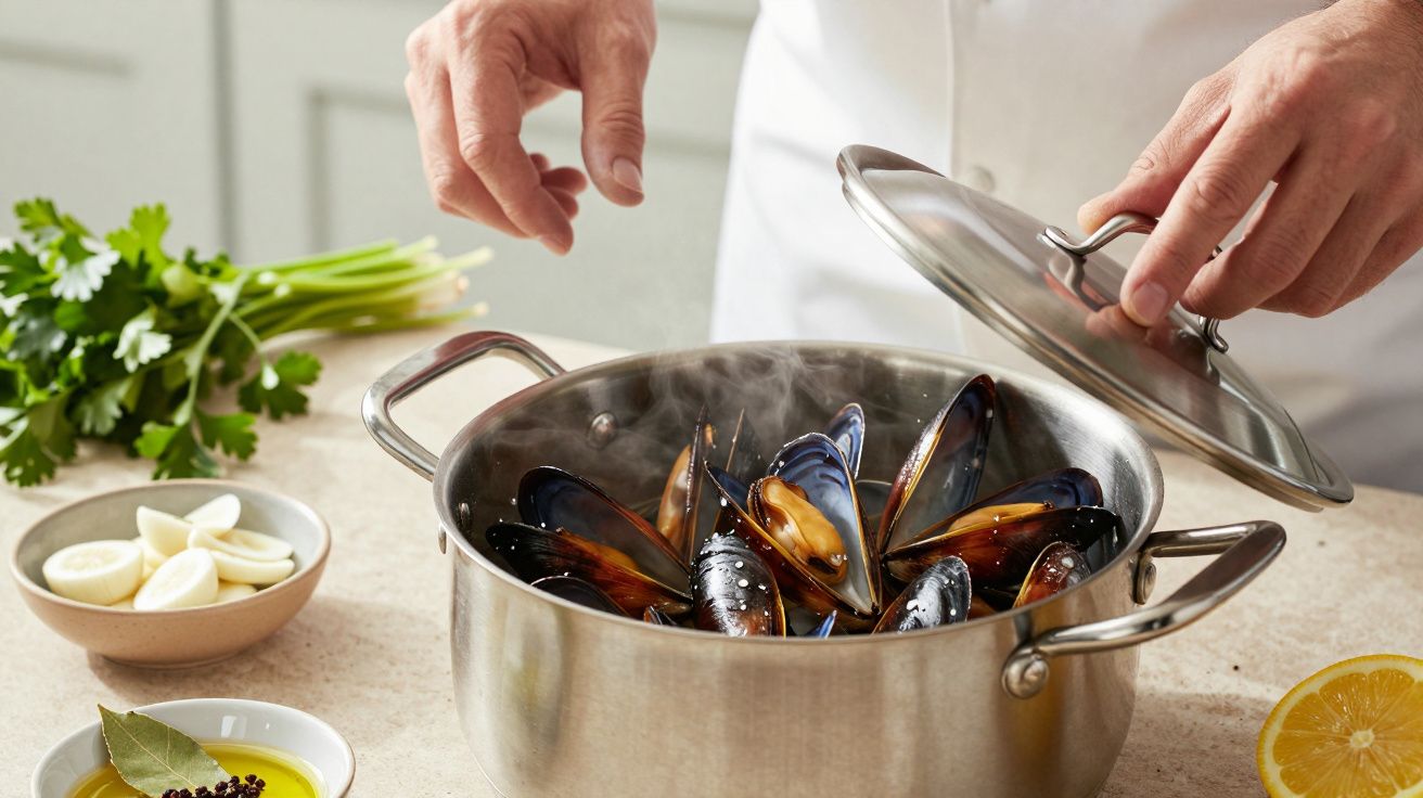 Pessoa abrindo panela com mexilhões cozidos. Ao lado, alho, limão, louro e coentros.