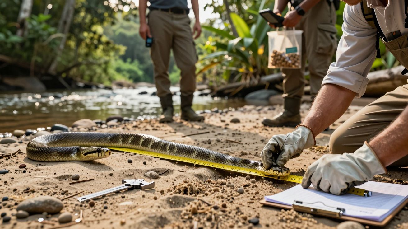 Cientistas medem uma cobra na margem de um rio numa floresta tropical.
