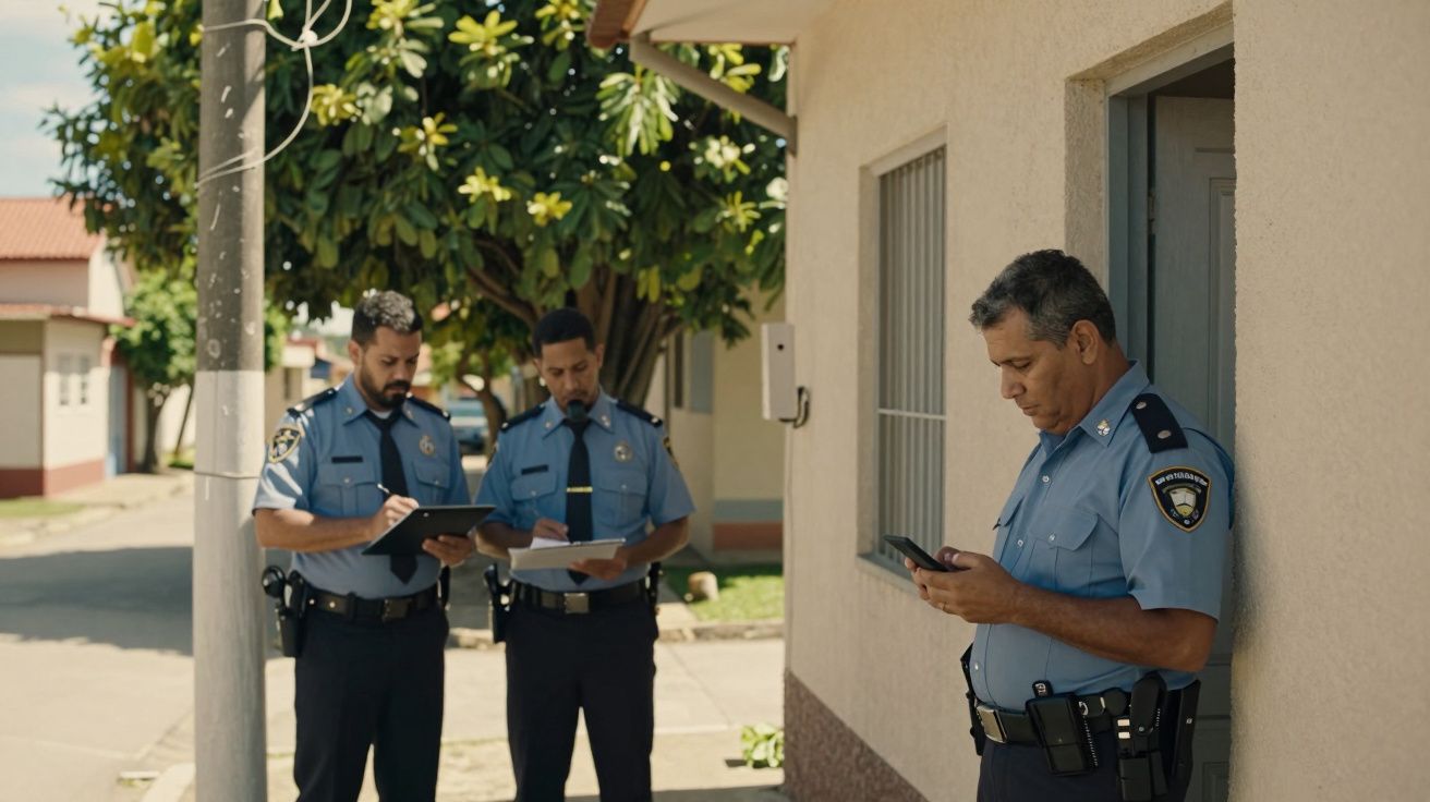 Três polícias de uniforme azul escrevem em blocos de notas junto a uma casa sob um céu claro.