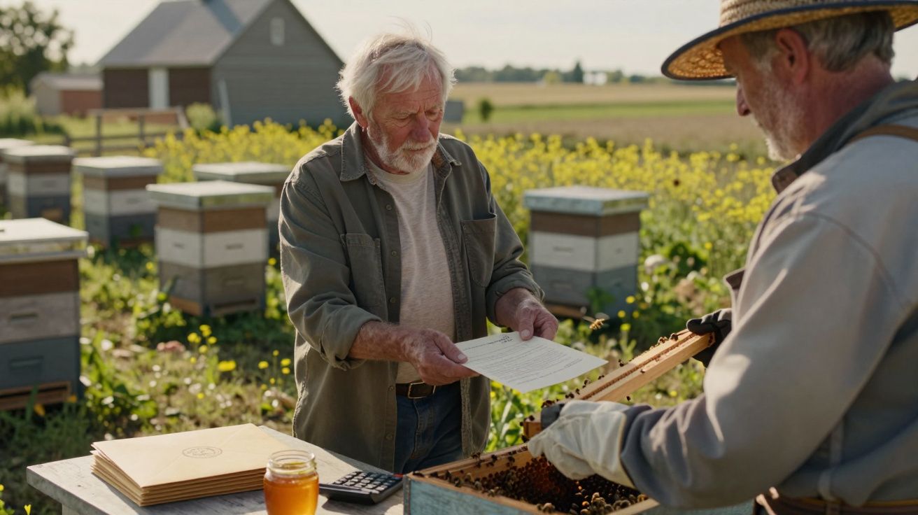 Dois apicultores revisam um documento em frente a colmeias num campo florido, com sol e uma casa ao fundo.