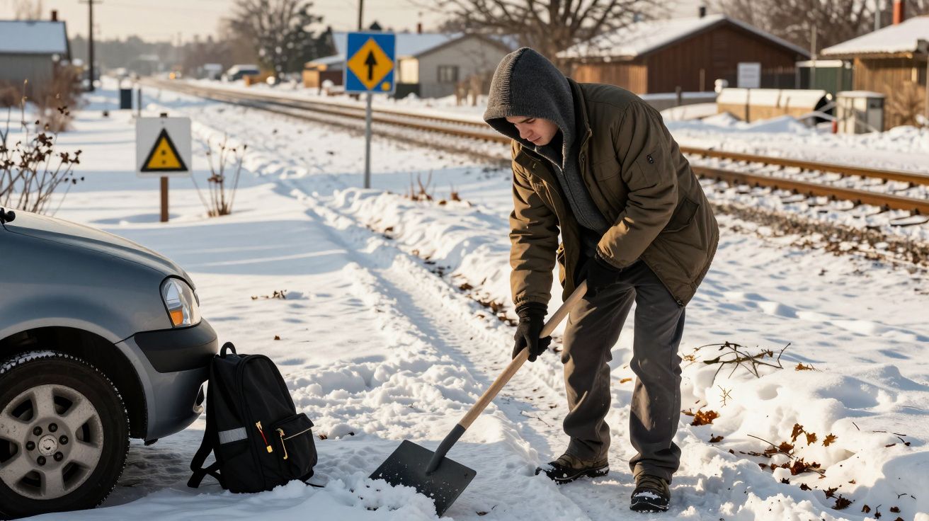Homem com pá remove neve ao lado de um carro estacionado numa estrada coberta de neve.