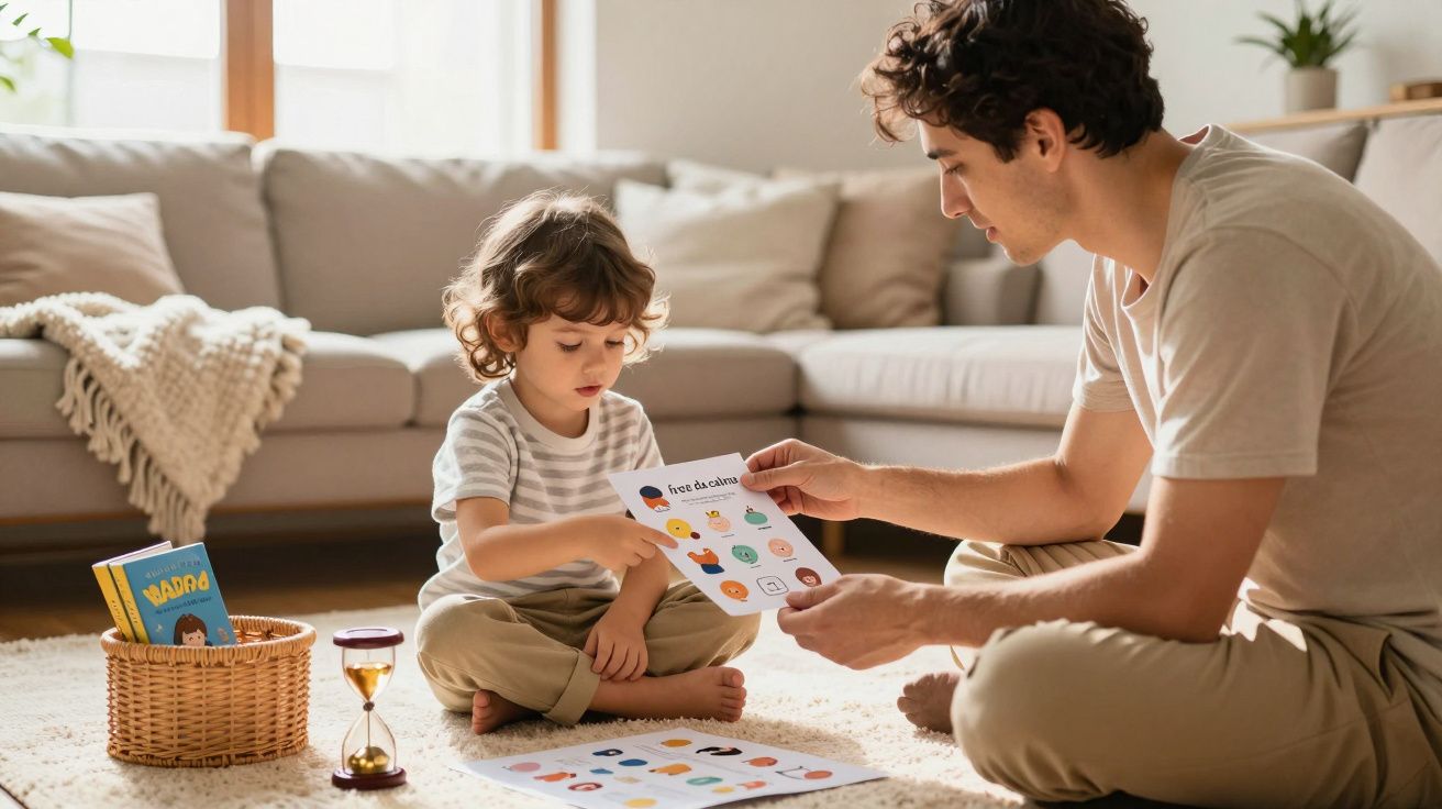 Pai e filho brincam no chão com cartões educativos, numa sala de estar aconchegante com um sofá ao fundo.