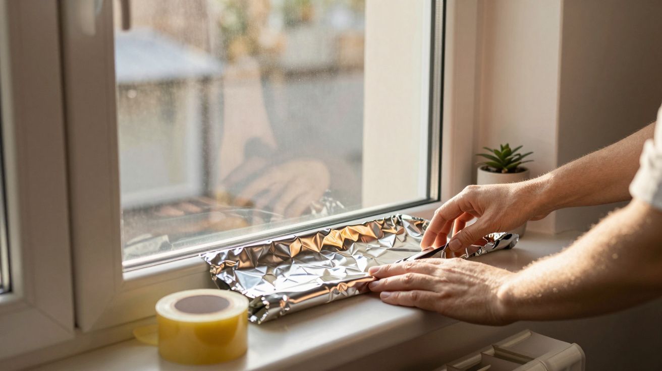 Mãos ajustam folha de alumínio no peitoril de uma janela, com um rolo de fita adesiva ao lado e planta pequena ao fundo.