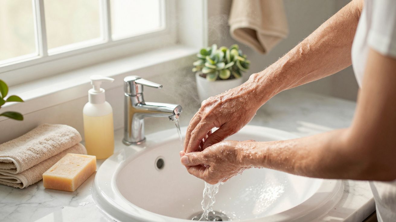 Mãos de uma pessoa a lavar-se numa pia, com sabonete e toalha ao lado, planta decorativa ao fundo.