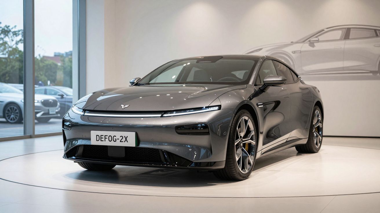 Carro desportivo cinza em exposição num showroom iluminado, com design moderno e placa "DEFOG-2X".