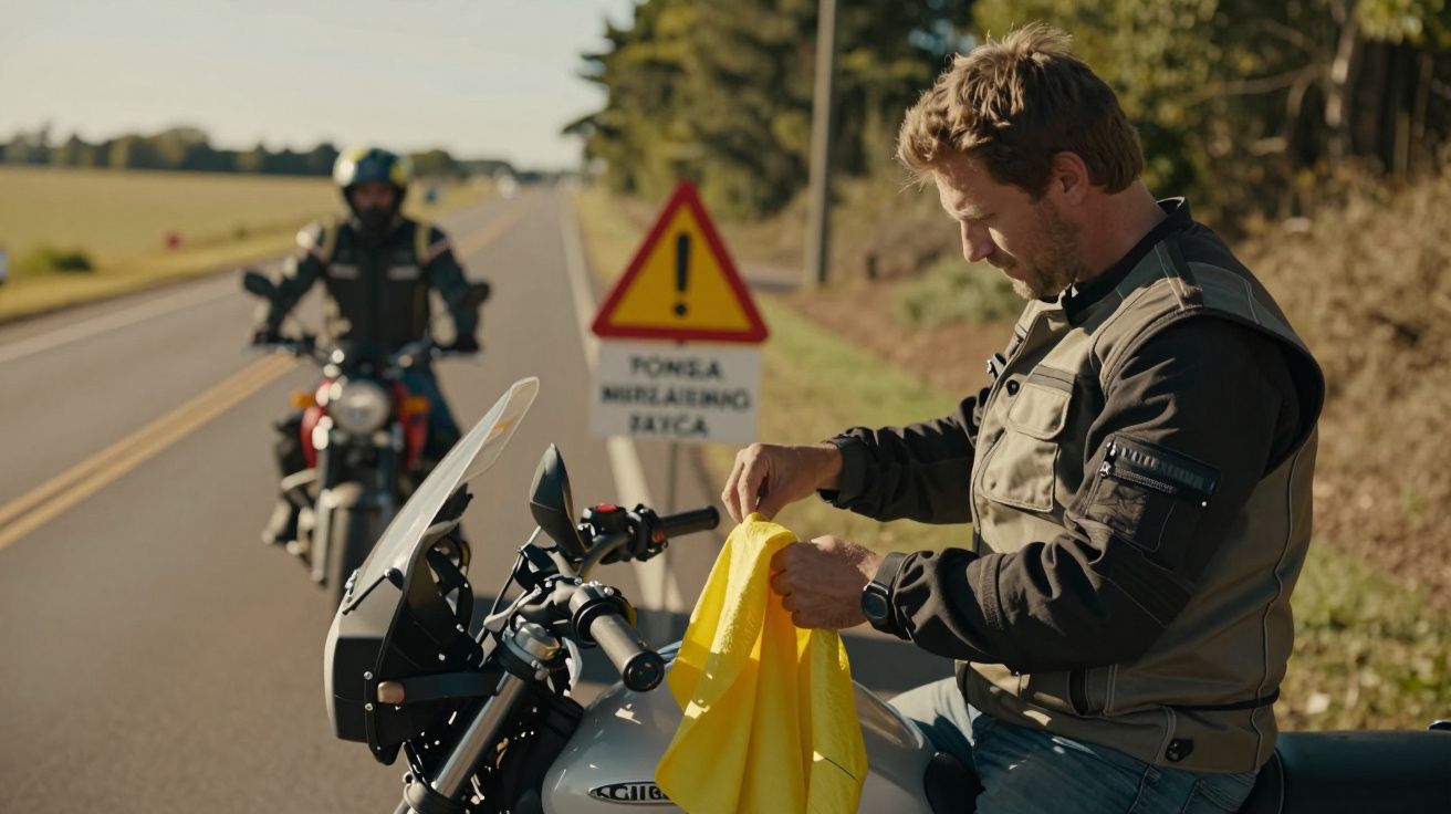 Dois motociclistas numa estrada rural. Um segura um pano amarelo, outro está ao longe. Placa de aviso ao fundo.