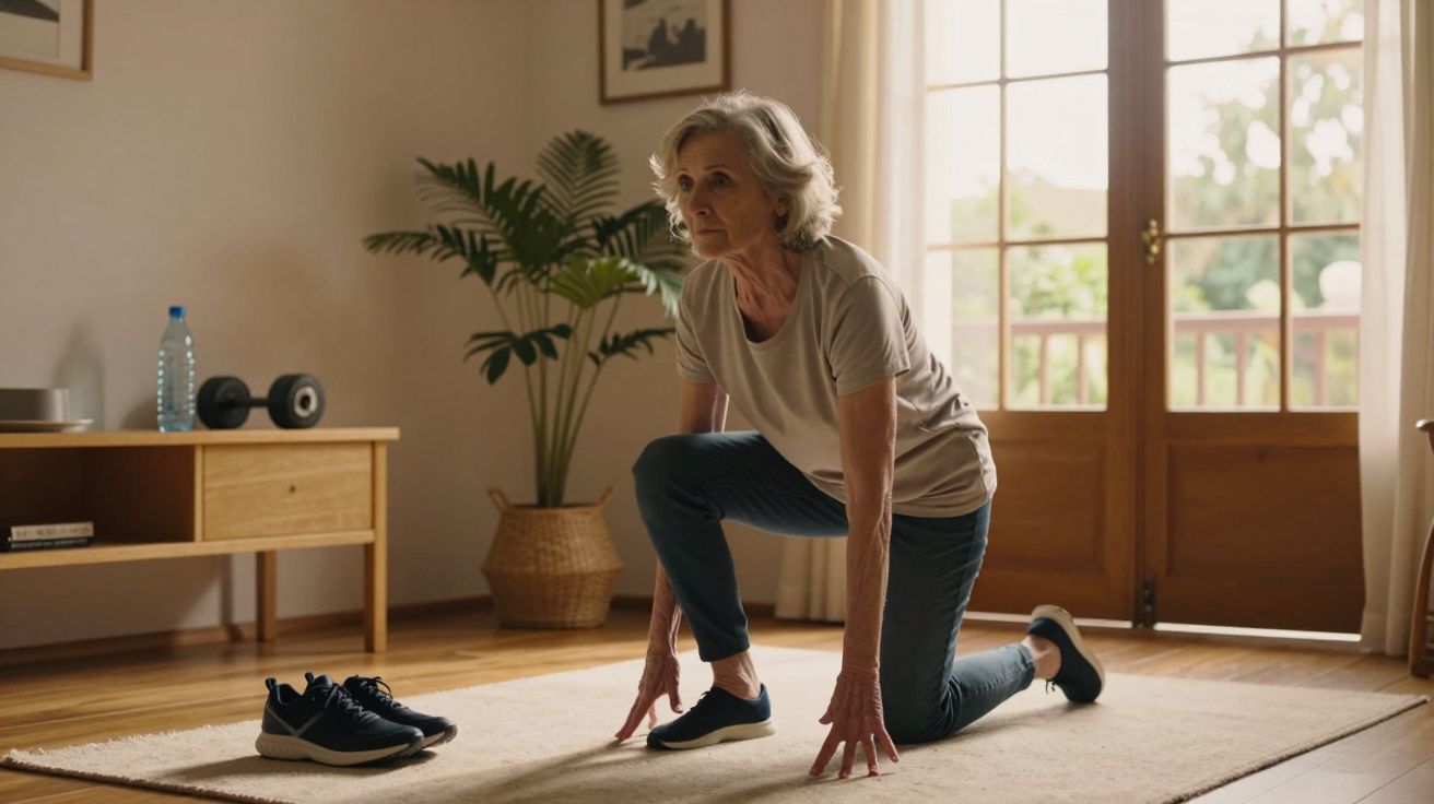 Mulher idosa em casa, fazendo exercícios de alongamento no chão, com sapatos de corrida ao lado.