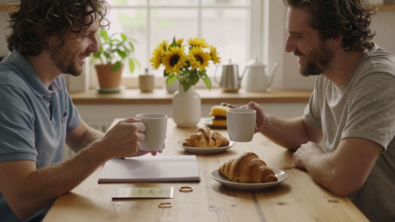 Dois homens a tomar café e croissants à mesa, sorrindo, com um vaso de girassóis ao fundo.