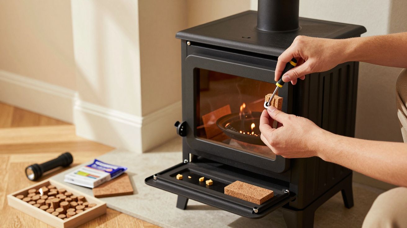 Pessoa acendendo fogão a lenha com isqueiro; pellets e caixa de fósforos ao lado.