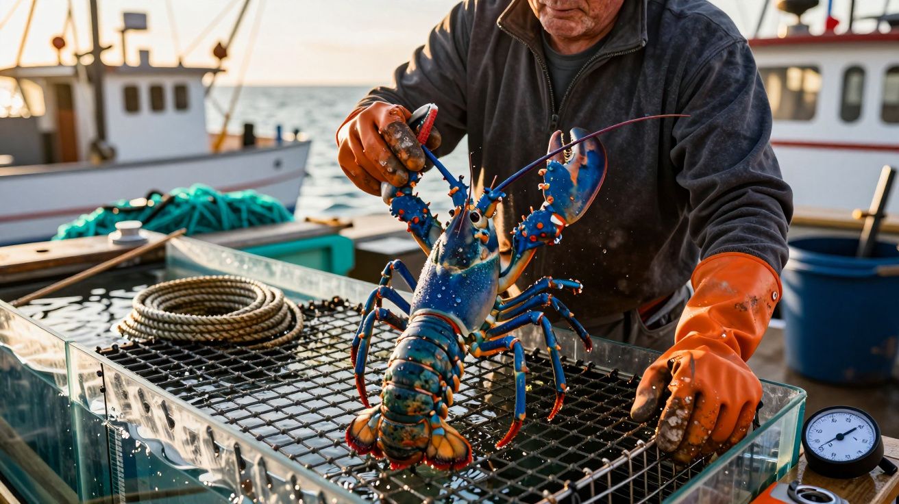 Pescador com luvas laranja segura lagosta azul num barco de pesca, ao pôr do sol.