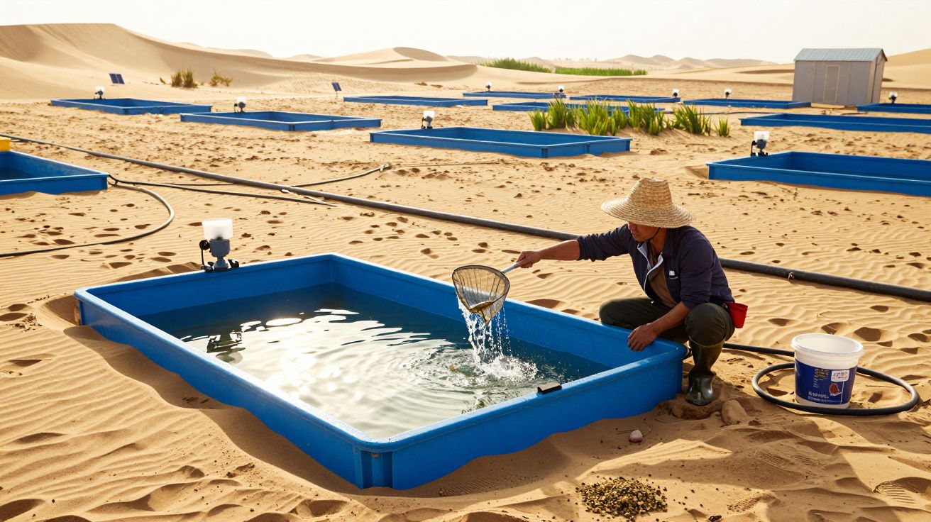 Pessoa colhe água de tanque azul no deserto; cercada por vários tanques semelhantes.