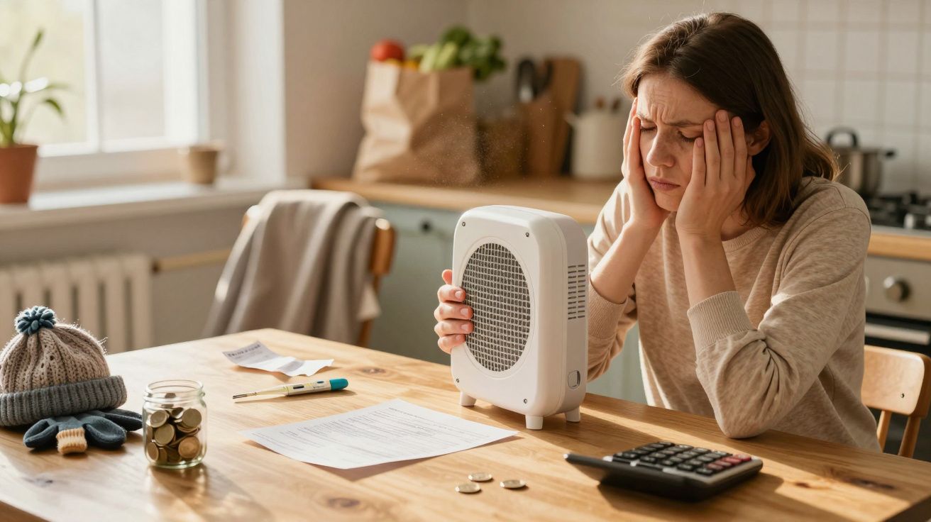 Mulher preocupada sentada à mesa com aquecedor portátil, contas, moedas e calculadora na cozinha iluminada.