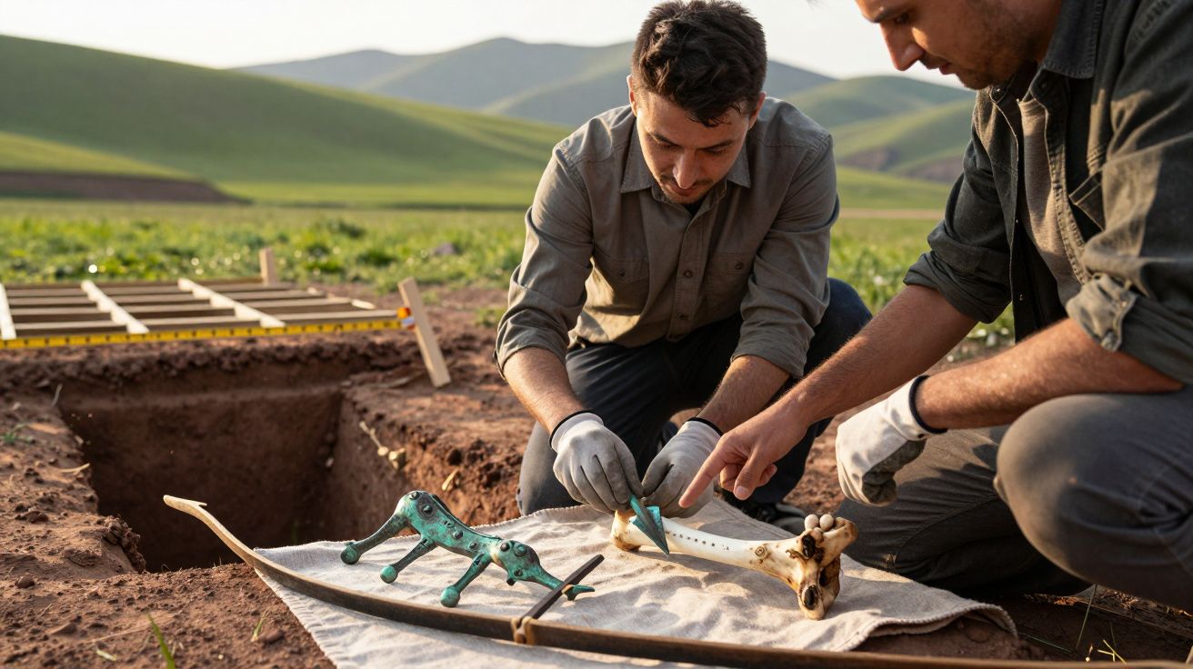 Arqueólogos analisam artefactos antigos numa escavação ao ar livre, num campo com colinas ao fundo.