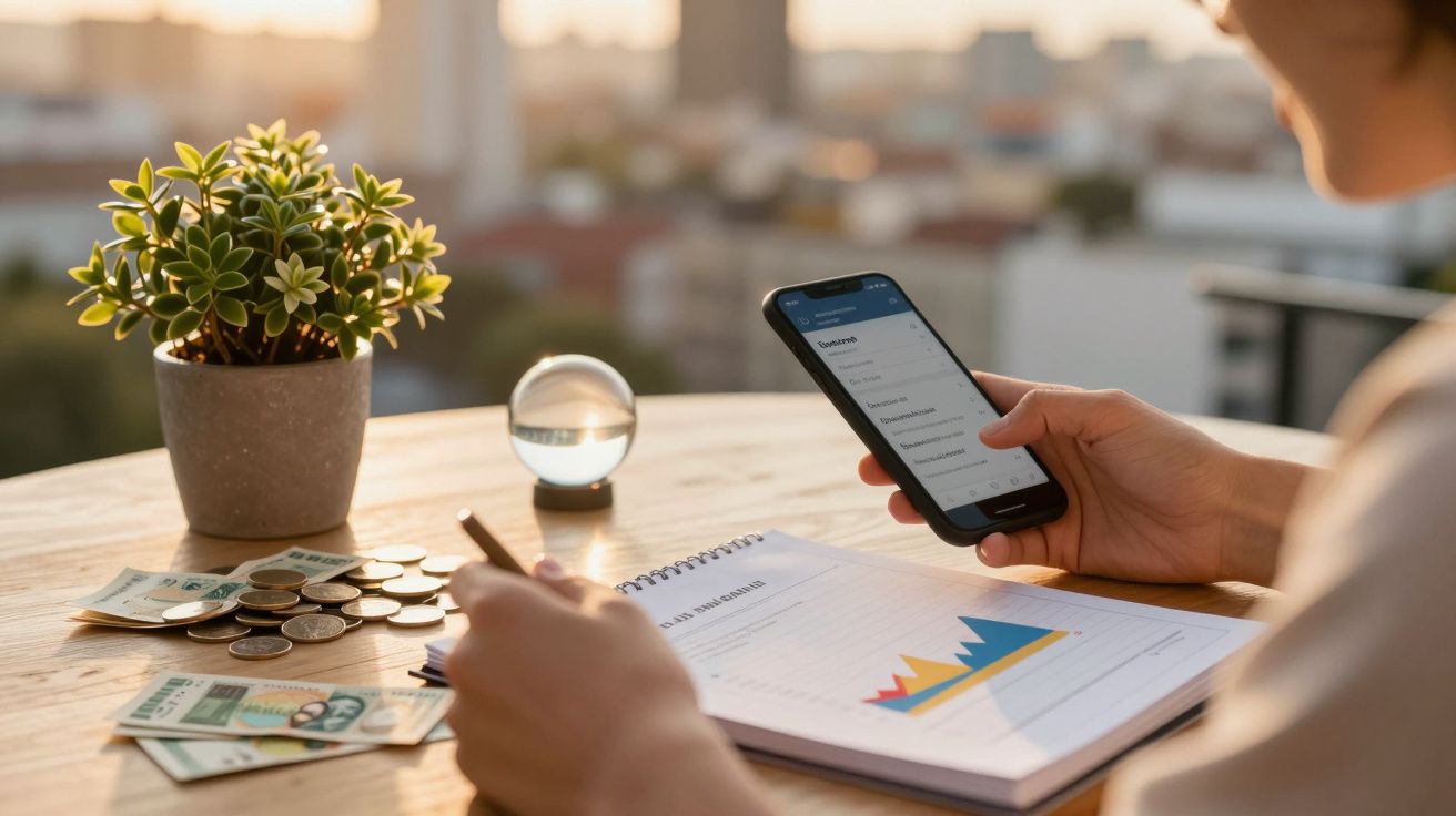 Pessoa investiga gráficos num smartphone e caderno numa mesa com planta e moedas.