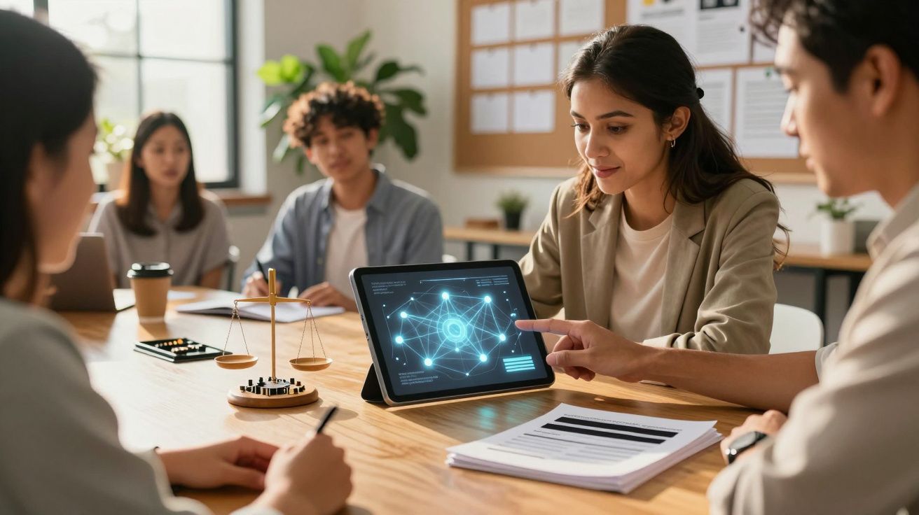 Pessoas numa reunião, analisando gráficos num tablet sobre a mesa, com café e documentos ao redor.