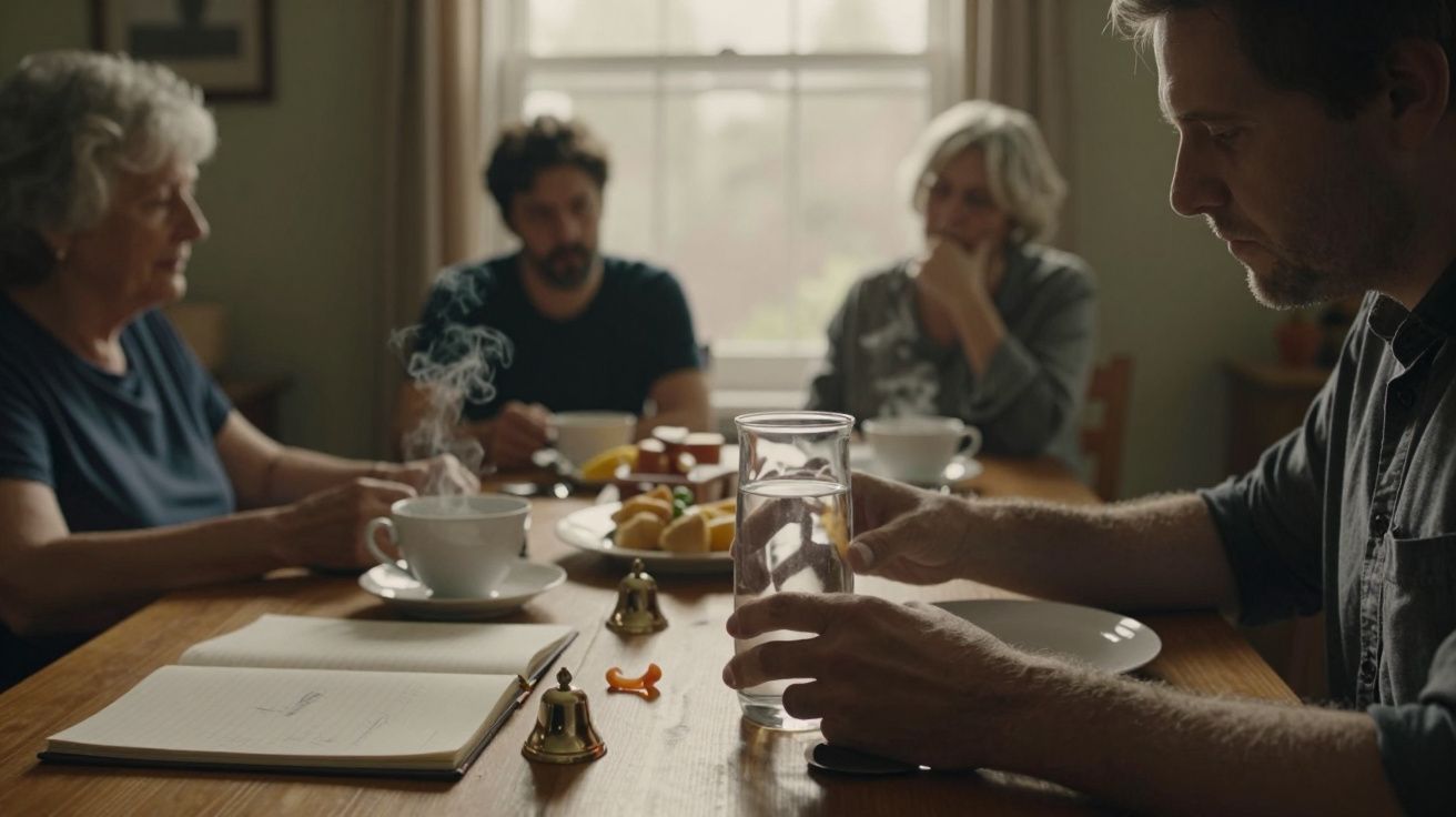 Grupo de pessoas sentadas à mesa com chá e frutas, parecendo pensativas. Um caderno e uma sineta estão na mesa.