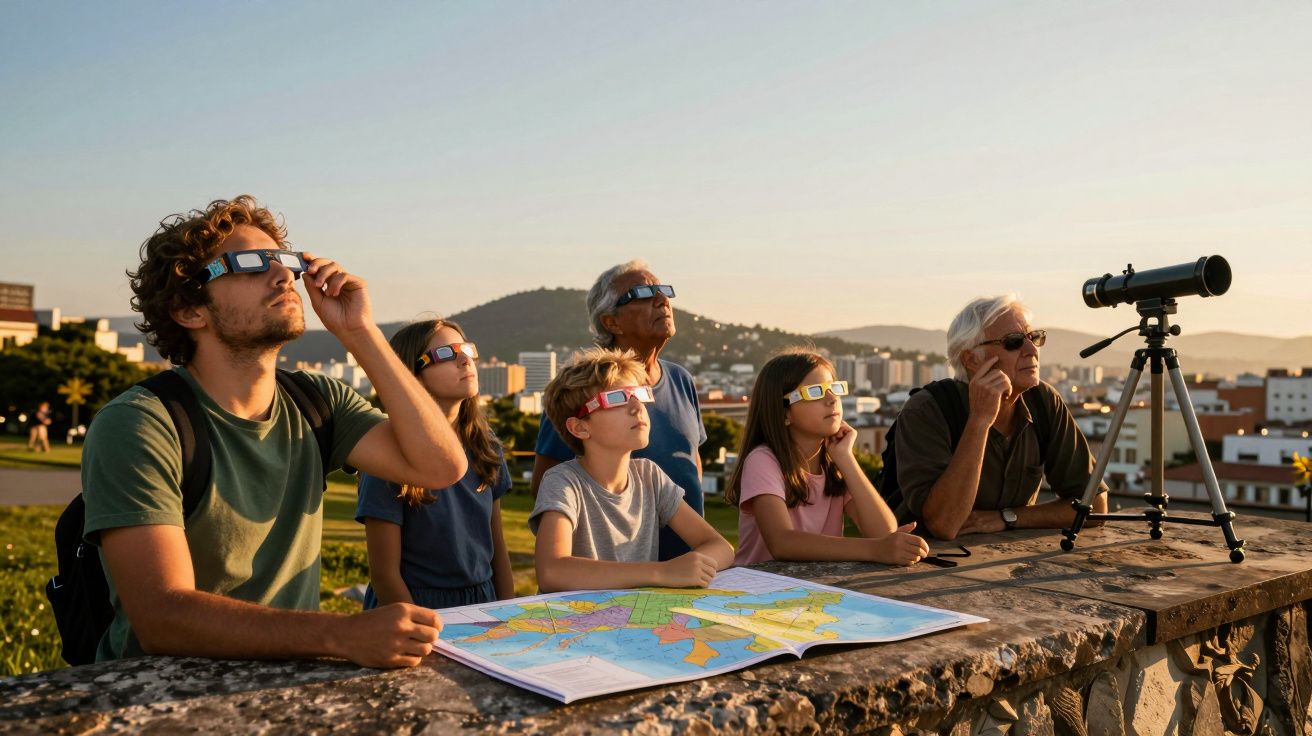 Grupo de pessoas com óculos especiais observa o céu, um mapa em primeiro plano, telescópio e colina ao fundo.