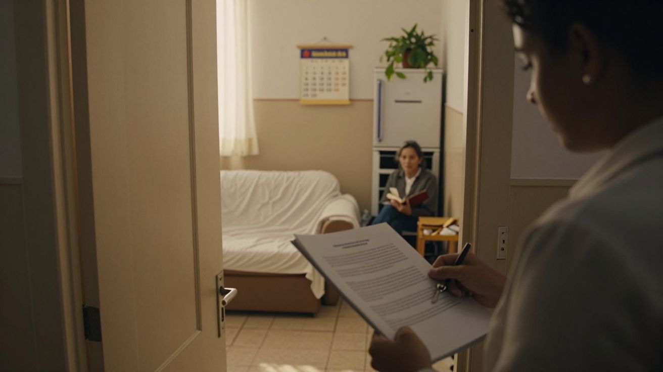 Pessoa lê documentos perto de uma porta aberta; mulher sentada num sofá ao fundo, com livro na mão.