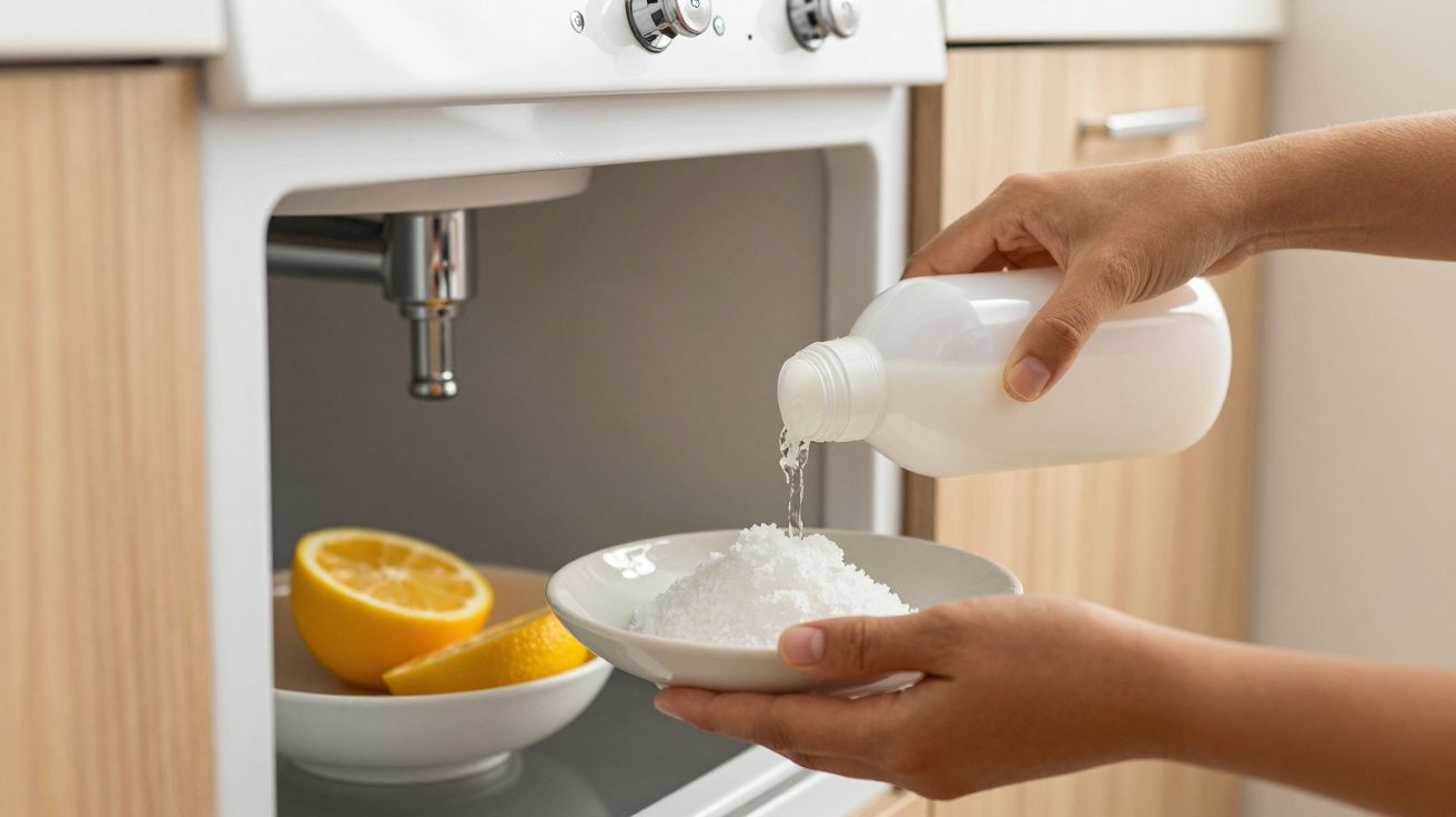 Pessoa despeja líquido numa taça com bicarbonato de sódio em frente a um forno, ao lado de limões cortados.