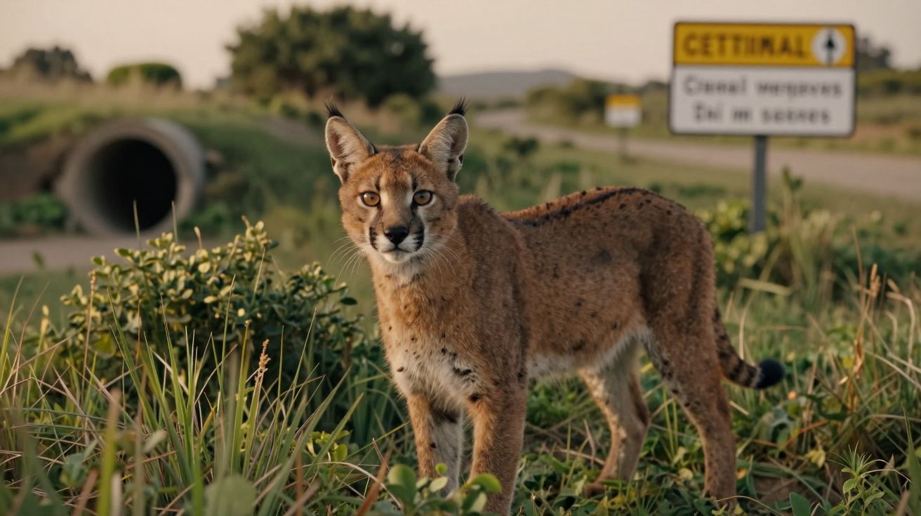 Lince-ibérico em habitat natural, à frente de um sinal de trânsito desfocado ao fundo.