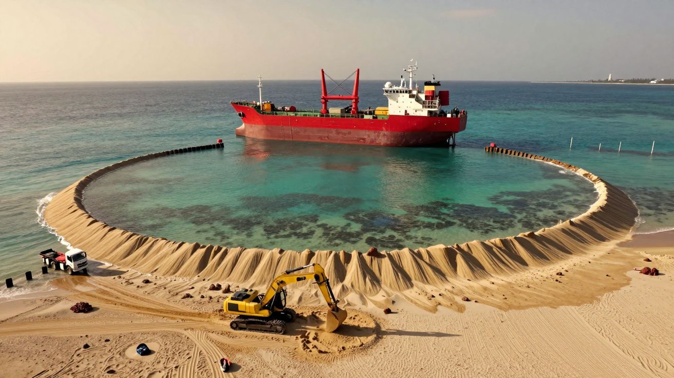 Navio vermelho no mar, com escavadora em praia a mover areia num círculo ao redor de uma área de água.