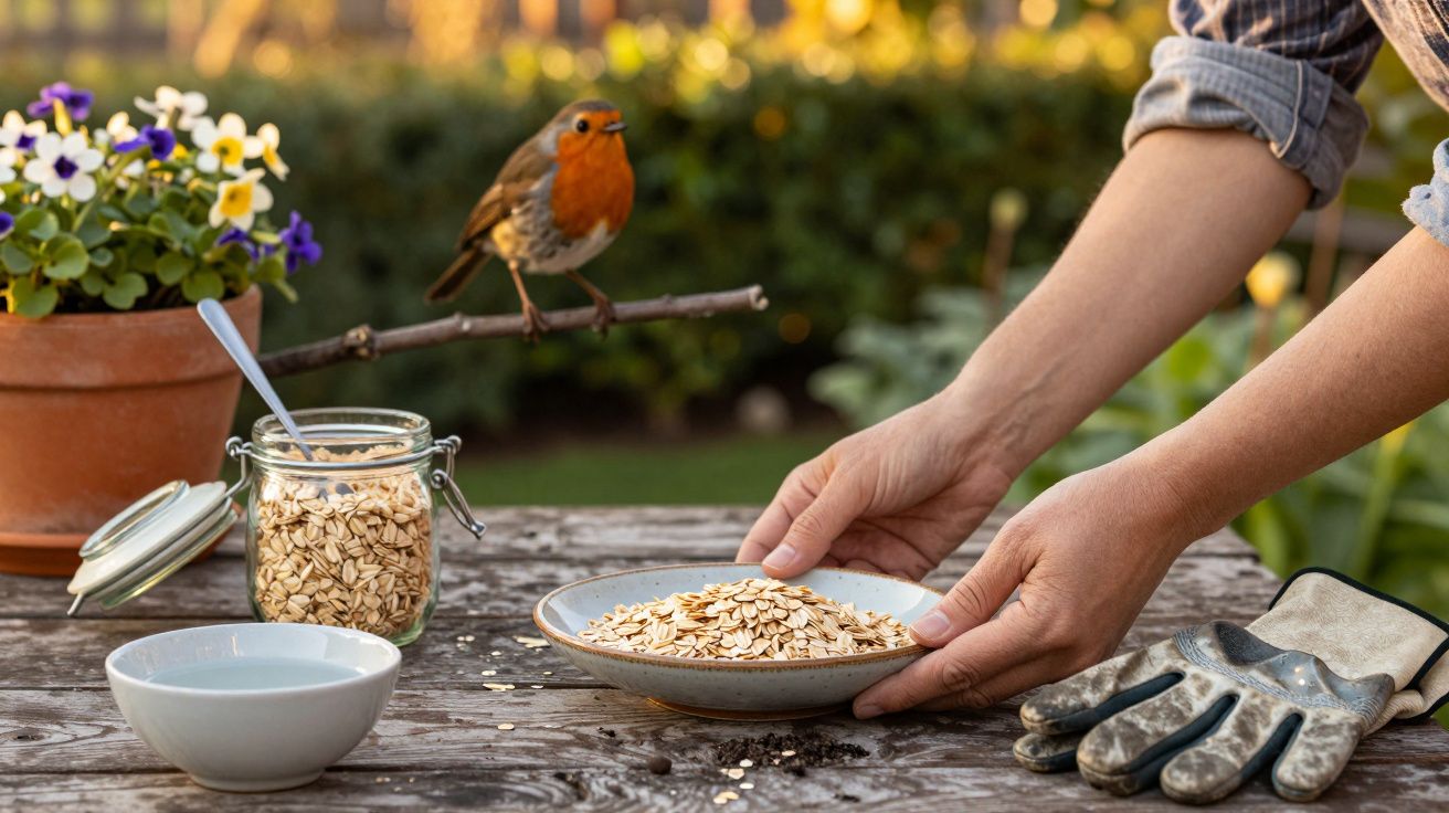 Mãos colocando aveia num prato ao lado de um pote com flores, um recipiente com aveia, e um pisco em cima de um ramo.