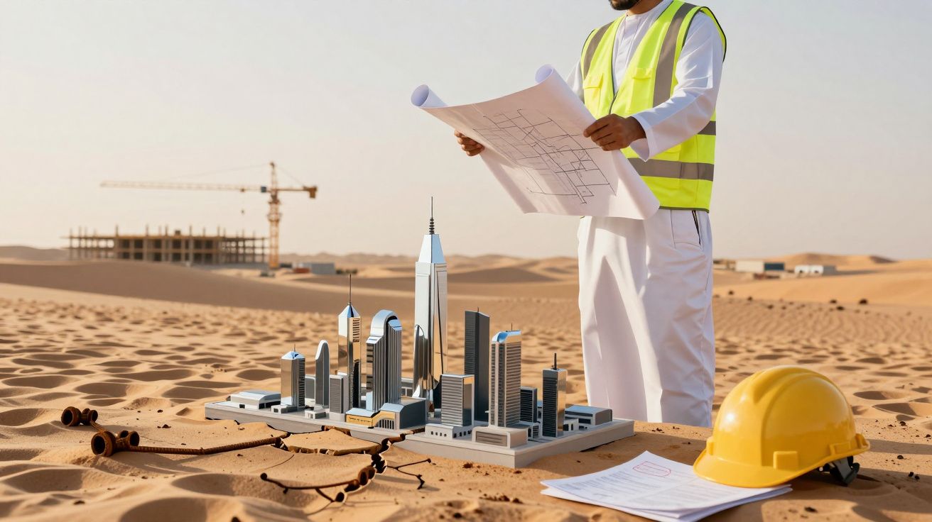 Engenheiro analisa planta arquitetónica no deserto, ao lado de maquete de arranha-céus e capacete de segurança.