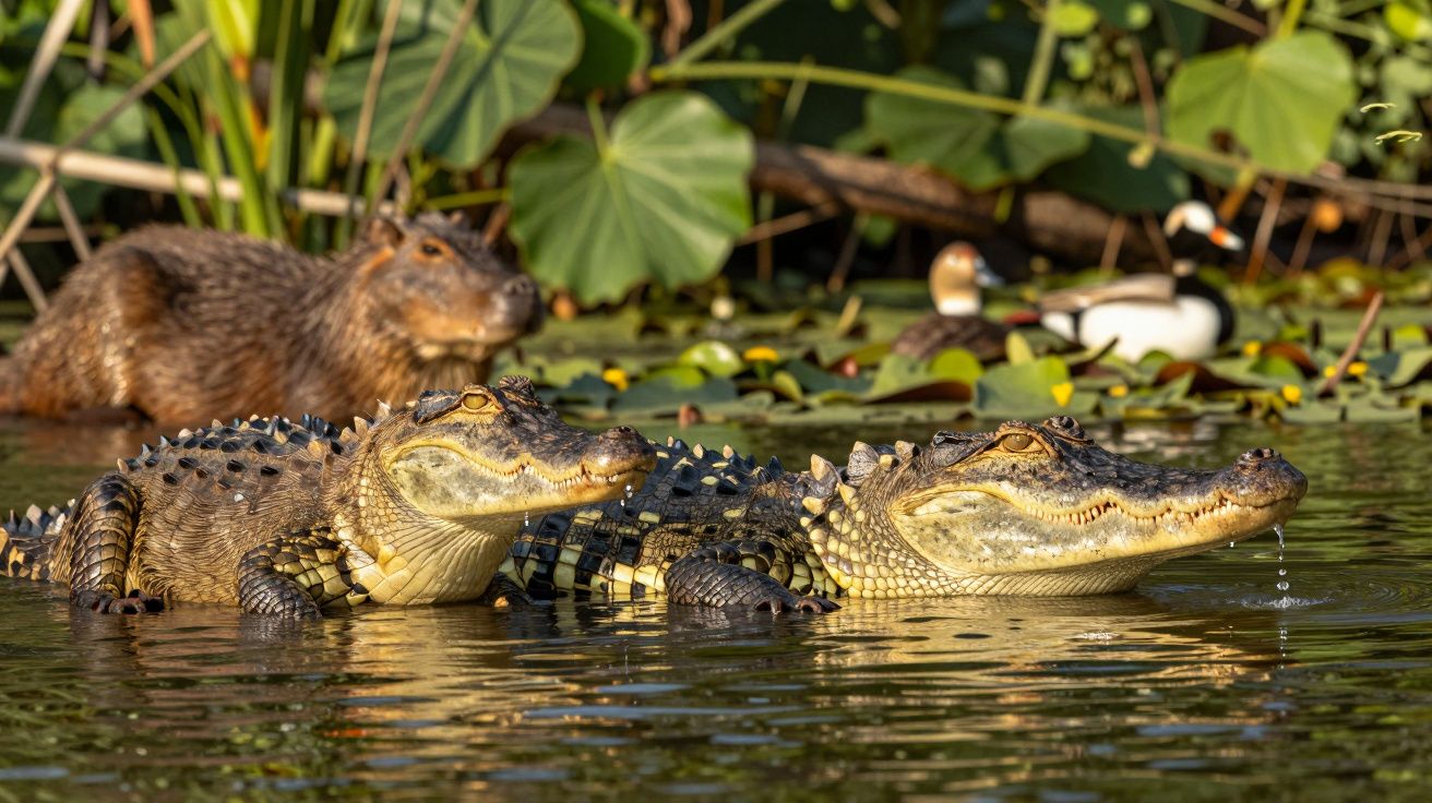 Dois jacarés na água, com uma capivara e um pato ao fundo, rodeados por vegetação aquática.