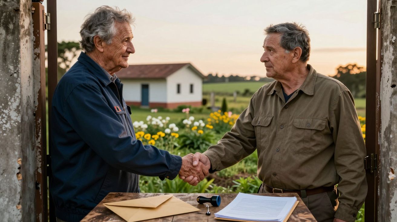Dois homens idosos apertam as mãos em frente a uma casa de campo, com documentos sobre uma mesa ao ar livre.