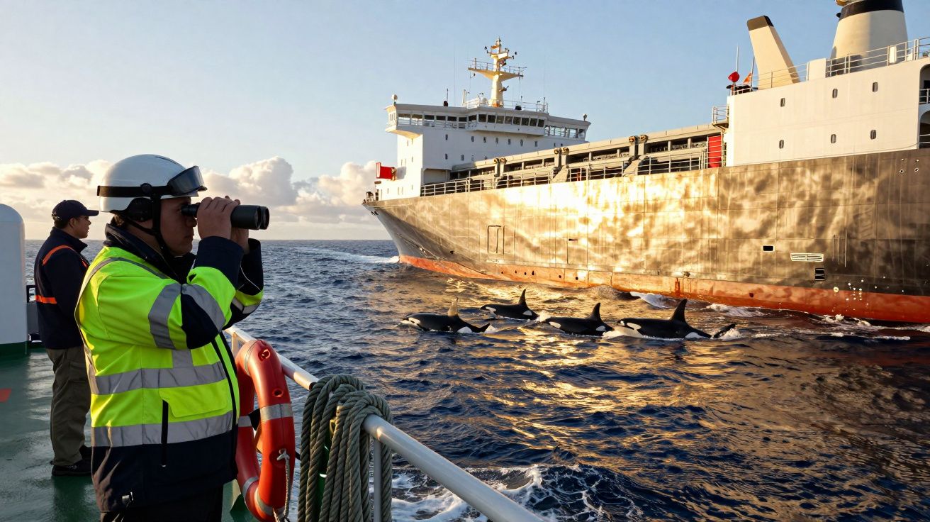 Homem de colete refletor observa orcas ao lado de um navio de carga no oceano.