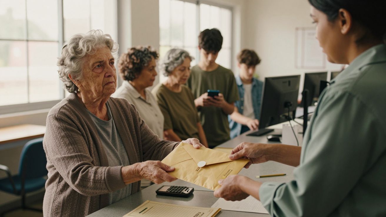 Idosa entrega envelope a funcionária em balcão, com pessoas em fila ao fundo.