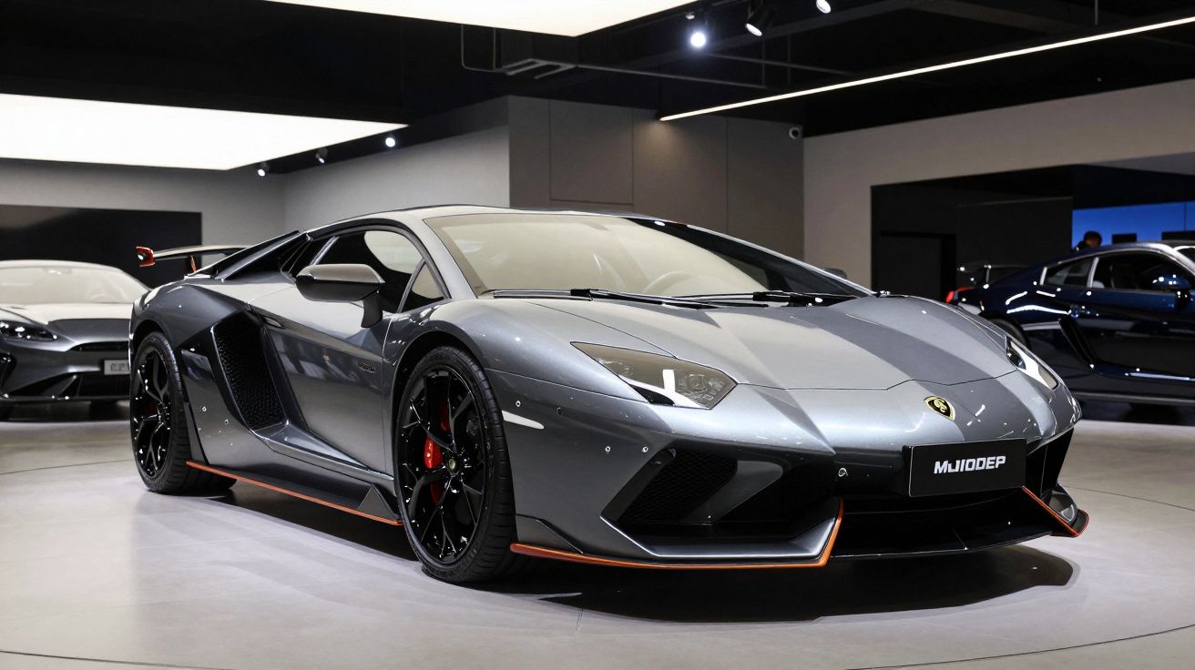 Carro desportivo cinza escuro em exposição num salão automóvel iluminado.