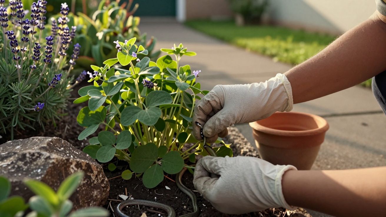 Mãos com luvas cuidam de plantas num jardim, ao lado de lavanda e um vaso vazio.